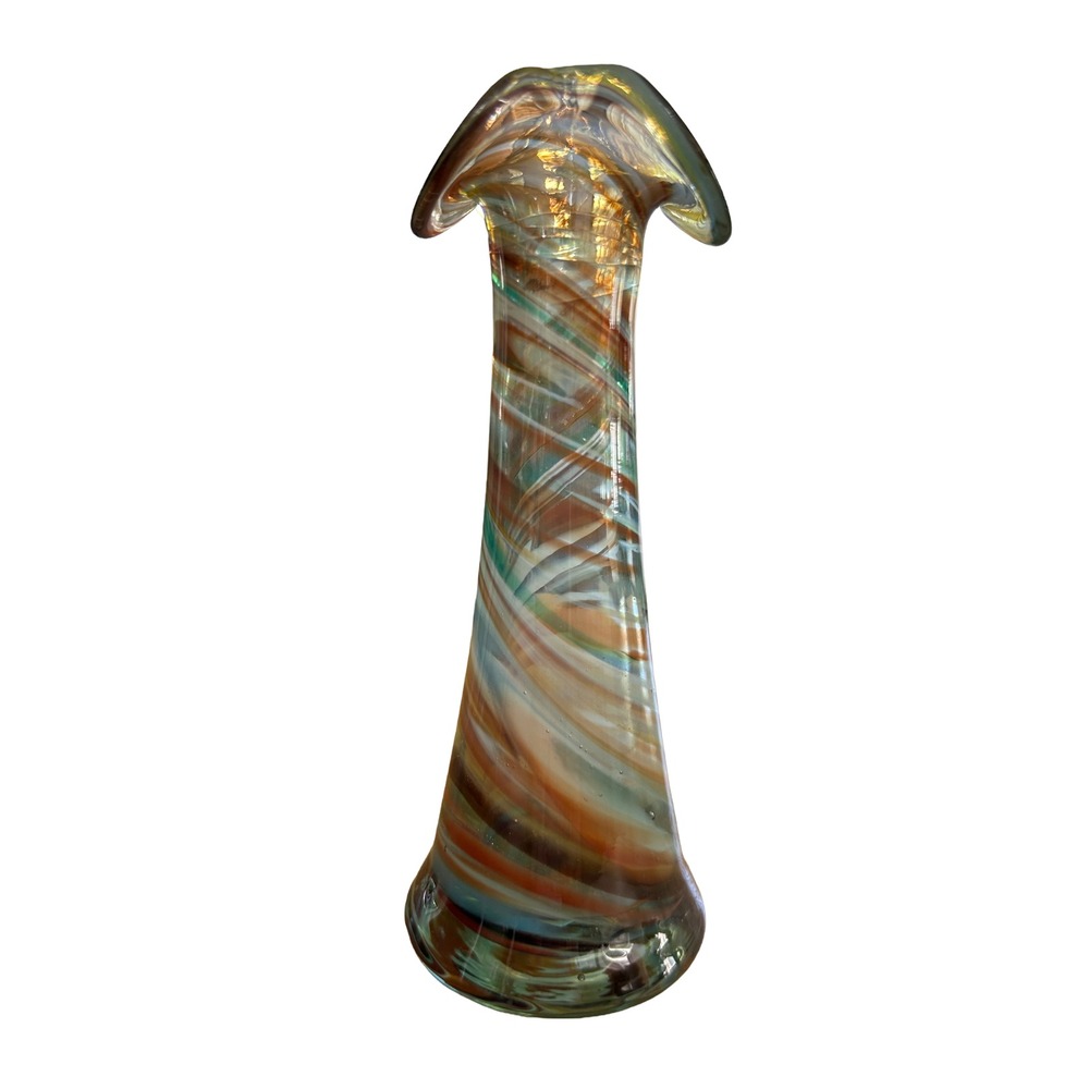 Vintage Art Glass Green & Orange Swirl‎ Bud Vase w/ Ruffled Top, 6"H